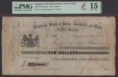 Chartered Bank of India, Australia and China, $10 Post Bill, Singapore, 1 March 1859, serial number 186, black, arms...