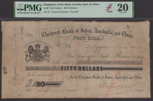 Chartered Bank of India, Australia and China, $50 Post Bill, Singapore, 1 March 1859, serial number 79, black, arms...