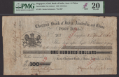 Chartered Bank of India, Australia and China, $100 Post Bill, Singapore, 2 April 1860, serial number 267, black,...