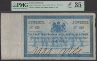 Chartered Bank of India, Australia and China, unissued $20, Singapore, ND (c.1860), serial number 828, blue, arms...