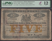 Chartered Bank of India, Australia and China, $5, Singapore, 1 June 1903, serial number F/T 39334, black and yellow,...