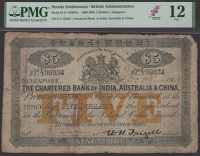 Chartered Bank of India, Australia and China, $5, Singapore, 1 June 1903, serial number F/T 39334, black and yellow,...