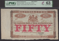 Chartered Bank of India, Australia and China, unissued $50, Singapore, ND (c.1890), no serial numbers, brown and...