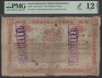 Chartered Bank of India, Australia and China, $10, Penang, 1 January 1878, serial number 13530, orange, arms at top...