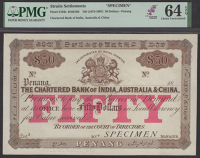 Chartered Bank of India, Australia, and China, specimen $50, Penang, ND (c.1895), no serial numbers, brown and red,...