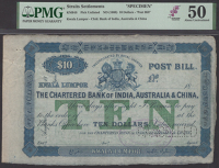 Chartered Bank of India, Australia and China, specimen $10 Post Bill, Kwala Lumpur, ND (c.1889), no serial numbers,...