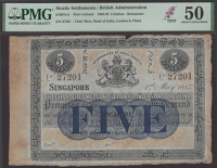 Chartered Mercantile Bank of India, London and China, part issued $5, Singapore, 1 May 1885, serial number 27201,...