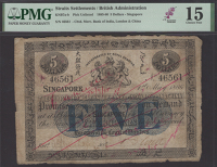 Chartered Mercantile Bank of India, London and China, $5, Singapore, 1 May 1886, serial number 46561, black and...