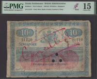 Chartered Mercantile Bank of India, London and China, $10, Singapore, 3 March 1883, serial number 21210, blue and...