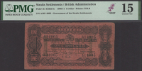 Government of the Straits Settlements, $1, 8 June 1909, serial number A/60 14005, black and green on red paper, arms...