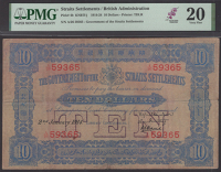 Government of the Straits Settlements, $10, 2 January 1914, serial number A/26 59365, blue and purple on tan paper,...