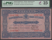 Government of the Straits Settlements, $10, 20 June 1921, serial number A/86 84786, blue and purple on tan paper,...