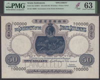 Government of the Straits Settlements, specimen $50, ND (1916), serial number B/1 00000, blue and mauve, tiger and...