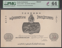 Government of the Straits Settlements, partial obverse proof for $100, ND (1916), no serial numbers, black, tiger...