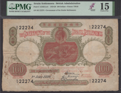 Government of the Straits Settlements, $100, 1 June 1920, serial number B/2 22274, red and green, tiger and crowned...