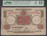 Government of the Straits Settlements, $100, 1 June 1920, serial number B/2 22274, red and green, tiger and crowned...