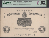 Government of the Straits Settlements, obverse proofs for $1000, ND (1919), first black on plain paper, tiger and...