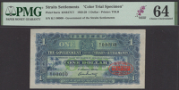 Government of the Straits Settlements, colour trial $1, 1 January 1925, serial number K/1 00000, blue and green,...