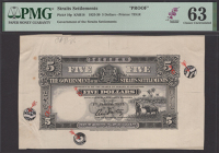 Government of the Straits Settlements, obverse die proof for $5, 1 January 1925, no serial numbers, black, arms top...