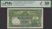 Government of the Straits Settlements, $5, 1 January 1930, serial number E/44 58577, green and mauve, arms at top...
