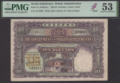 Government of the Straits Settlements, $10, 1 January 1925, serial number C/51 94987, purple, orange and green, arms...