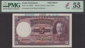 Government of the Straits Settlements, printers’ archival specimen $5, 1 January 1933, serial number range A/56...