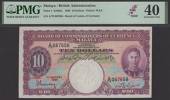 Board of Commissioners of Currency, Malaya, $10, 1 January 1940, serial number A/79 067658, purple multicoloured,...