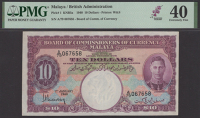 Board of Commissioners of Currency, Malaya, $10, 1 January 1940, serial number A/79 067658, purple multicoloured,...