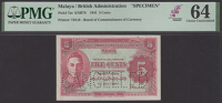Board of Commissioners of Currency, Malaya, specimen 5 Cents, 1 July 1941, no serial numbers, red and pale green,...