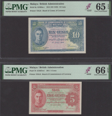 Board of Commissioners of Currency, Malaya, 5 Cents, 1 July 1941, no serial number, red and pale green, also 10...