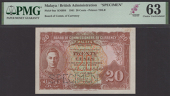 Board of Commissioners of Currency, Malaya, specimen 20 Cents, 1 July 1941, no serial number, orange-brown and...