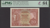 Board of Commissioners of Currency, Malaya, 20 Cents, 1 July 1941, no serial number, orange-brown and green, George...