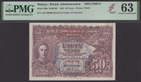 Board of Commissioners of Currency, Malaya, specimen 50 Cents, 1 July 1941, serial number A/27 000000, violet, pale...