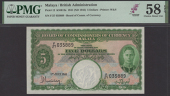 Board of Commissioners of Currency, Malaya, $5, 1 July 1941, serial number F/27 035889, green and pale pink and...