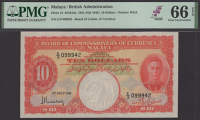 Board of Commissioners of Currency Malaya, $10, 1 July 1941, serial number E/3 099942, red, pale pink and green,...