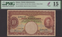 Board of Commissioners of Currency, Malaya, $10, 1 July 1941, serial number A/84 064729, chemically altered/faded...