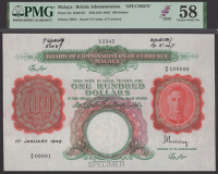 Board of Commissioners of Currency, Malaya, a printers’ archival specimen $100, 1 January 1942, serial number...