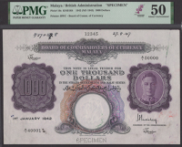 Board of Commissioners of Currency, Malaya, a printers’ archival specimen $1000, 1 January 1942, serial number...