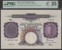 Board of Commissioners of Currency, Malaya, $1000, 1 January 1942, serial number A/1 54736, violet and...