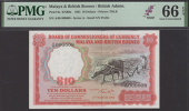 Board of Commissioners of Currency, Malaya and British Borneo, $10, 1 March 1961, serial number A/68 000008, red and...