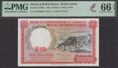 Board of Commissioners of Currency, Malaya and British Borneo, $10, 1 March 1961, serial number A/68 000009, red and...