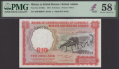 Board of Commissioners of Currency, Malaya and British Borneo, $10, 1 March 1961, serial number A/68 000010, red and...