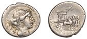Roman Republican Coinage, L. Rubrius Dossenus, Denarius, c. 87, veiled head of Juno right, sceptre and dos behind,...