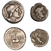 Roman Republican Coinage, L. Rubrius Dossenus, Denarius, c. 87, helmeted bust of Minerva right, dos behind, rev....