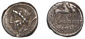Roman Republican Coinage, L. and C. Memmius L.f. Galeria, Denarius, c. 87, laureate head of Saturn left, harpa...