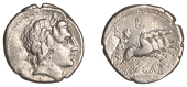 Roman Republican Coinage, Gargilius, Ogulnius and Vergilius, Denarius, c. 86, head of young Jupiter wearing...
