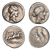 Roman Republican Coinage, Denarii (2), M. Fannius and L. Critonius, c. 86, laureate head of Ceres right, aed pl...