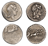 Roman Republican Coinage, L. Julius Bursio, Denarii (2), c. 85, laureate and winged head of Genius right, trident...