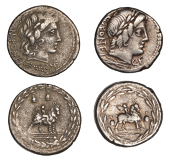 Roman Republican Coinage, Mn. Fonteius C.f., Denarii (2), c. 85, laureate head of Apollo Vejovis right, thunderbolt...
