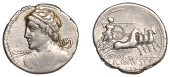 Roman Republican Coinage, C. Licinius L.f. Macer, Denarius, c. 84, diademed bust of Vejovis, head turned to left,...